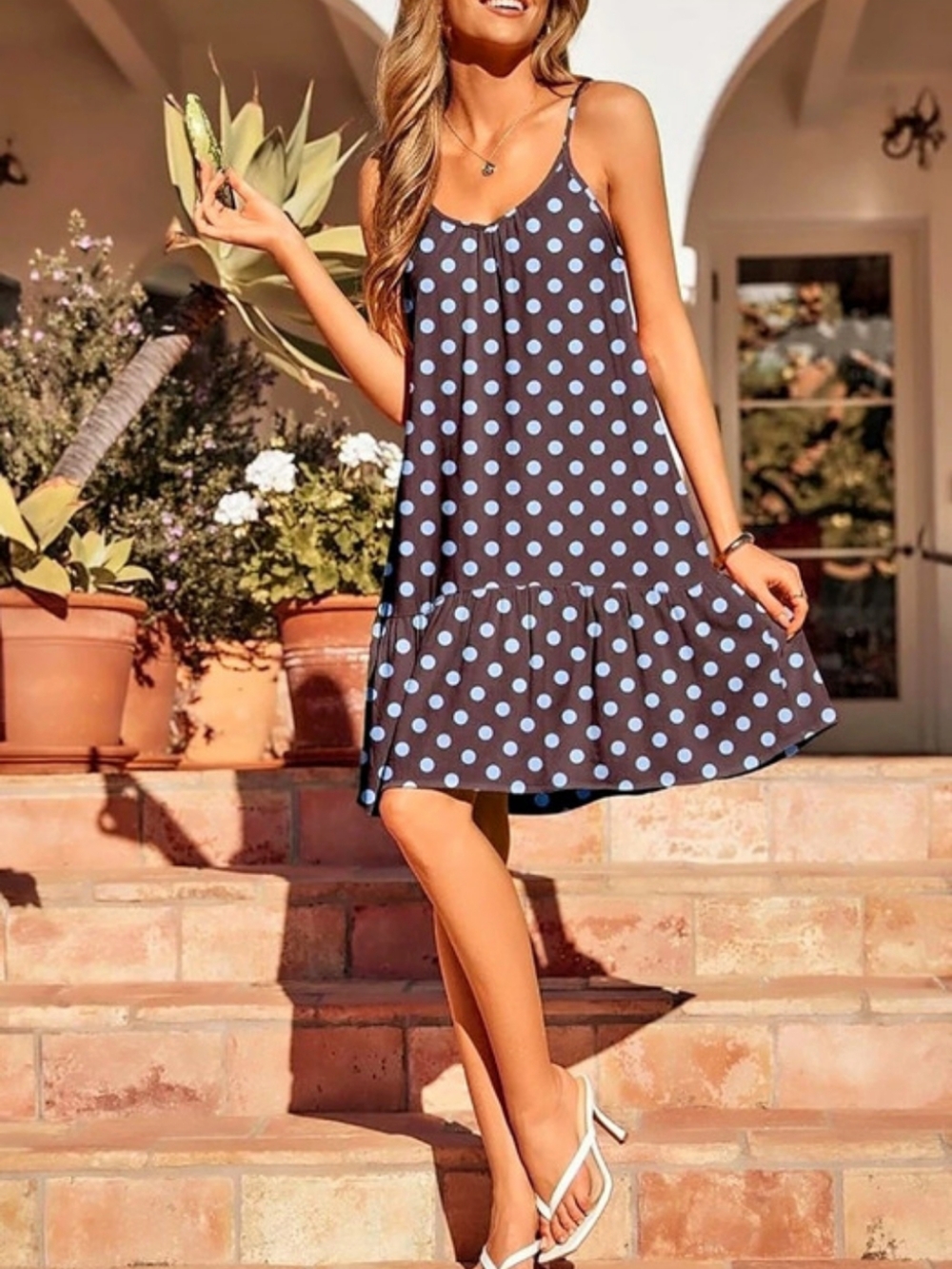 Polka Dot Mini Dress in Brown & Blue Like New